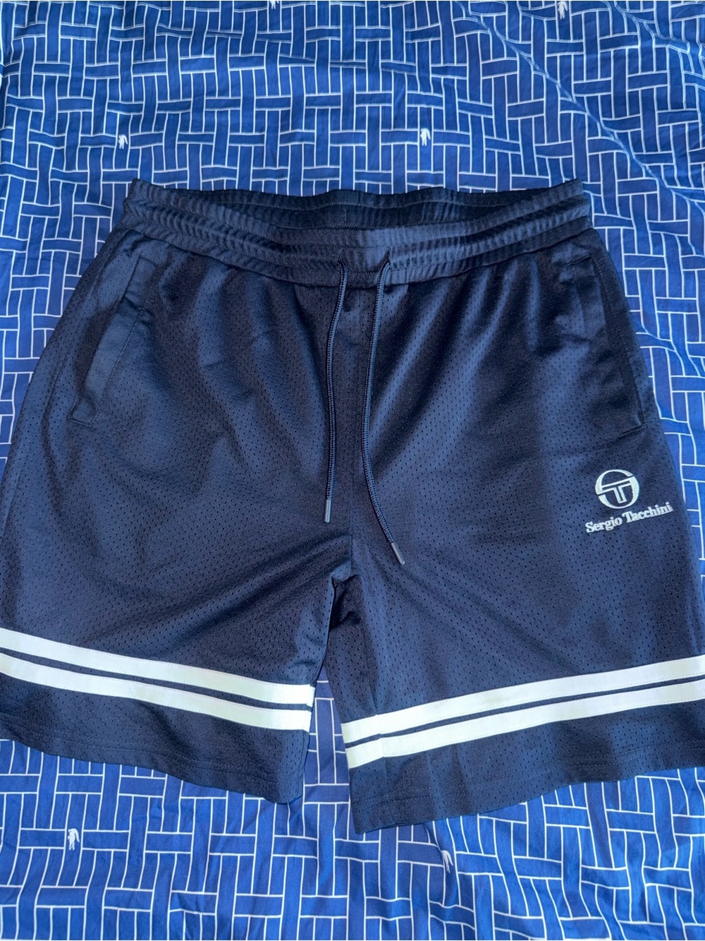 Sergio Tacchini Navy Athletic Mesh Shorts with White Stripe